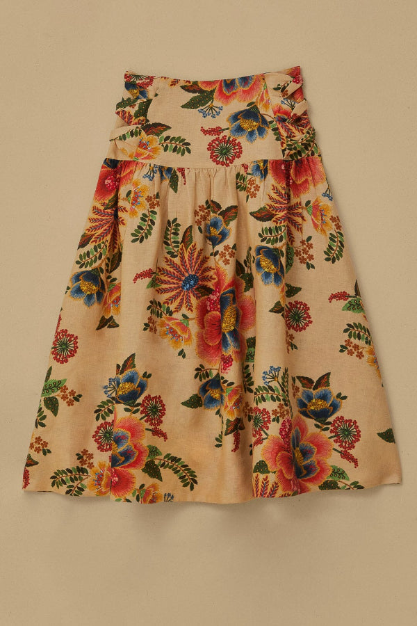 Jungle Style Linen Blend Floral Print Puff Sleeve Crop Top and High Waist Midi Skirt Set