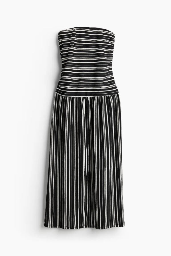 Simple Sexy Striped Ruched Detail Bandeau Stretch Maxi Dress