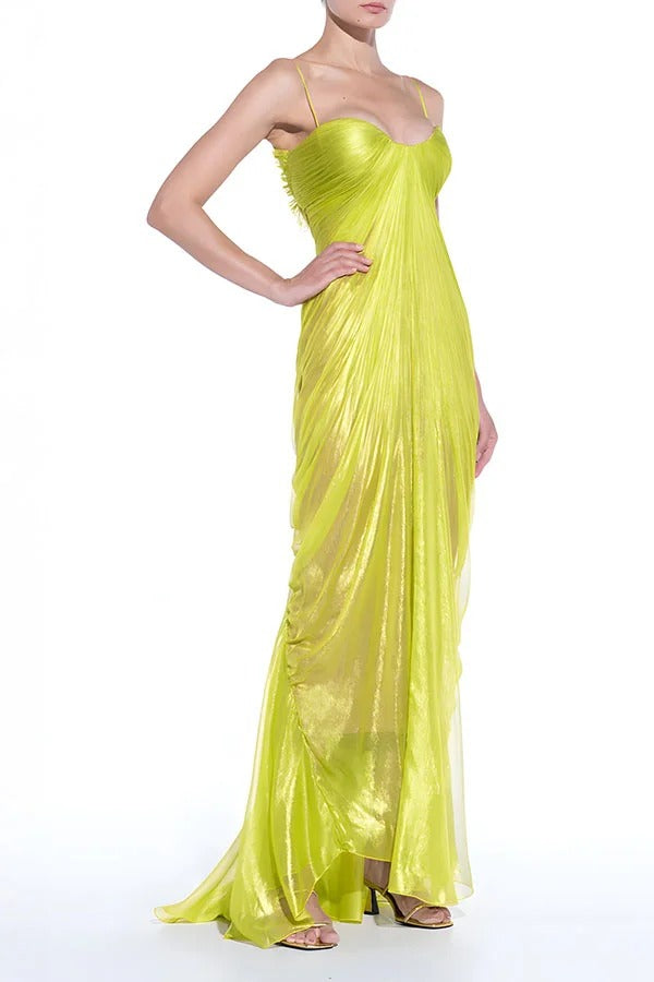 Victoria Shimmering and Flowing Pleated Fabric Back Lace-up Drape Maxi Dress