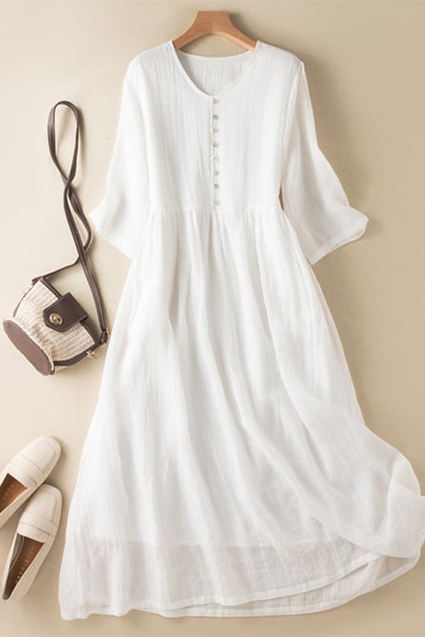 Cotton and Linen Double Layer Lined Solid Color Dress