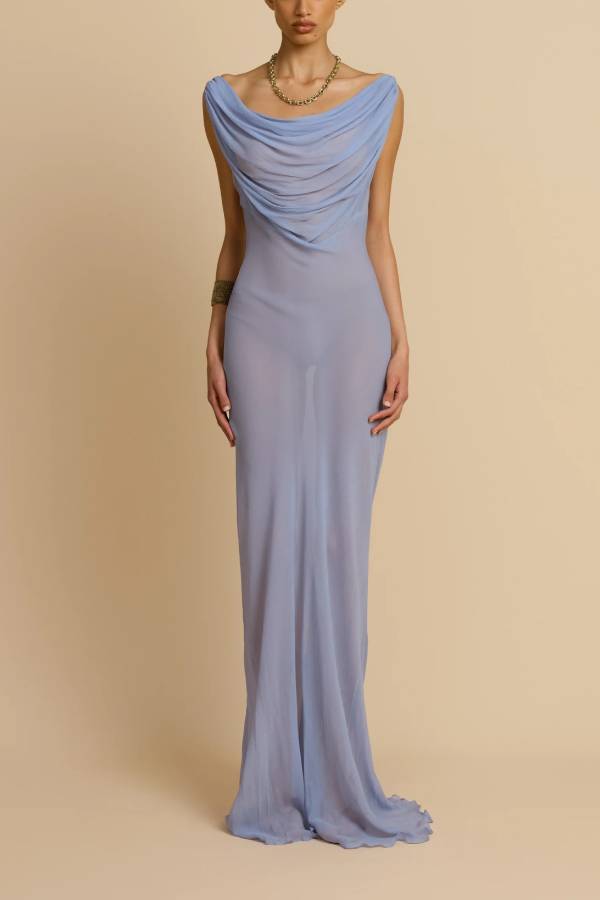 Jordana Chiffon Ruched Cowl Neck Off Shoulder Sheer Maxi Dress
