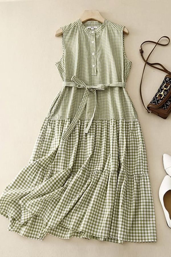 Comfortable Thin Plaid Lace Up Sleeveless Dress