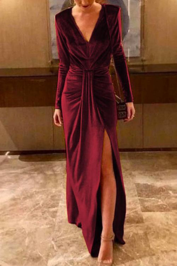 Deep V Neck Slit Ruched Velvet Party Dress