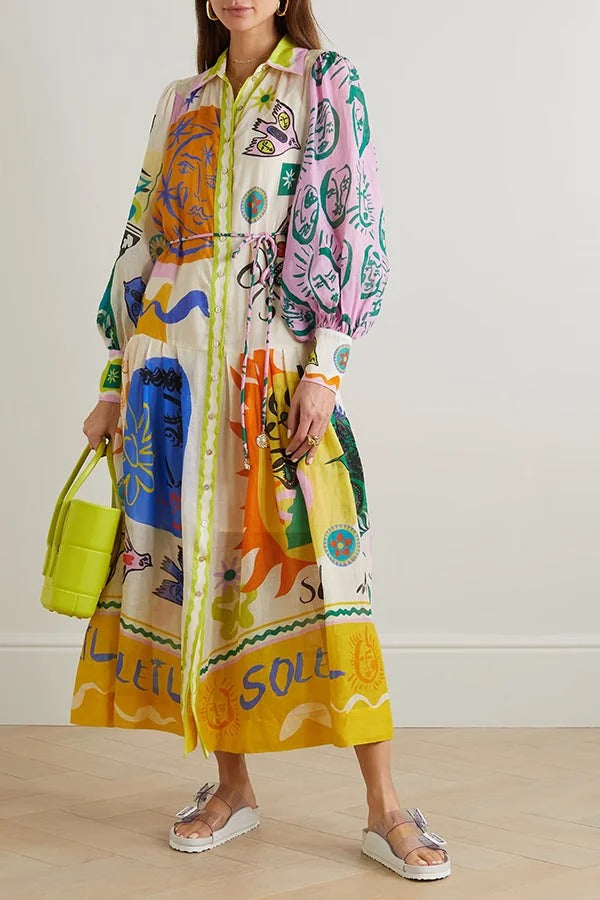 Boldness and Art Unique Print Balloon Sleeve Patchwork Shirt Midi Dress