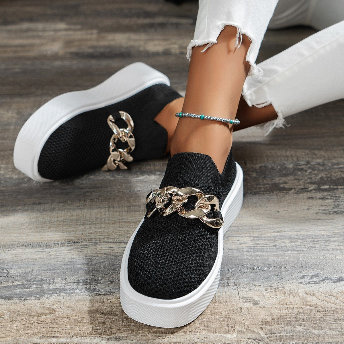 MOUSSE FIT Chain Decor Platform Women Wedge Loafers