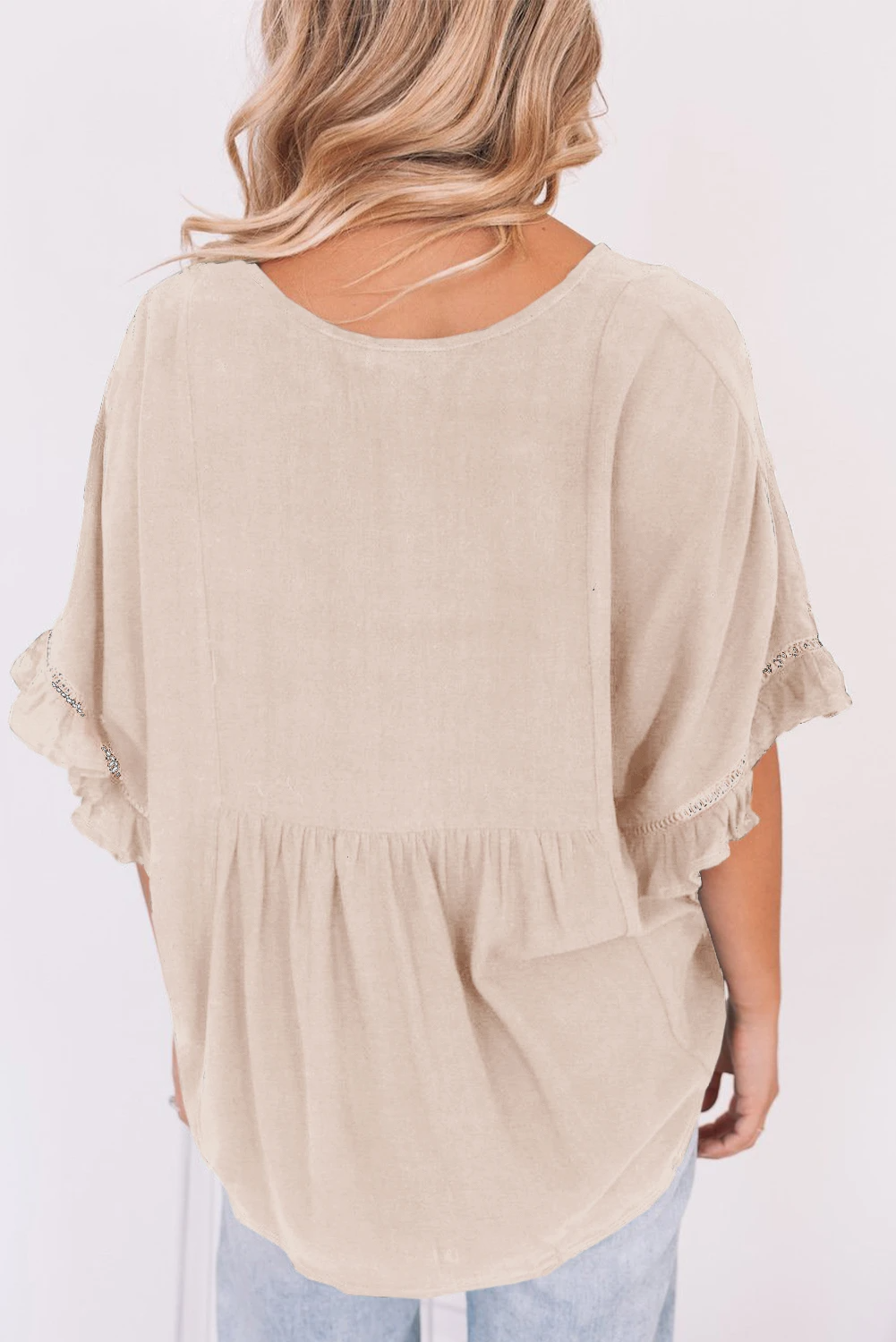 Plain V Neck Ruched Ruffle Trim Short Sleeve Blouse