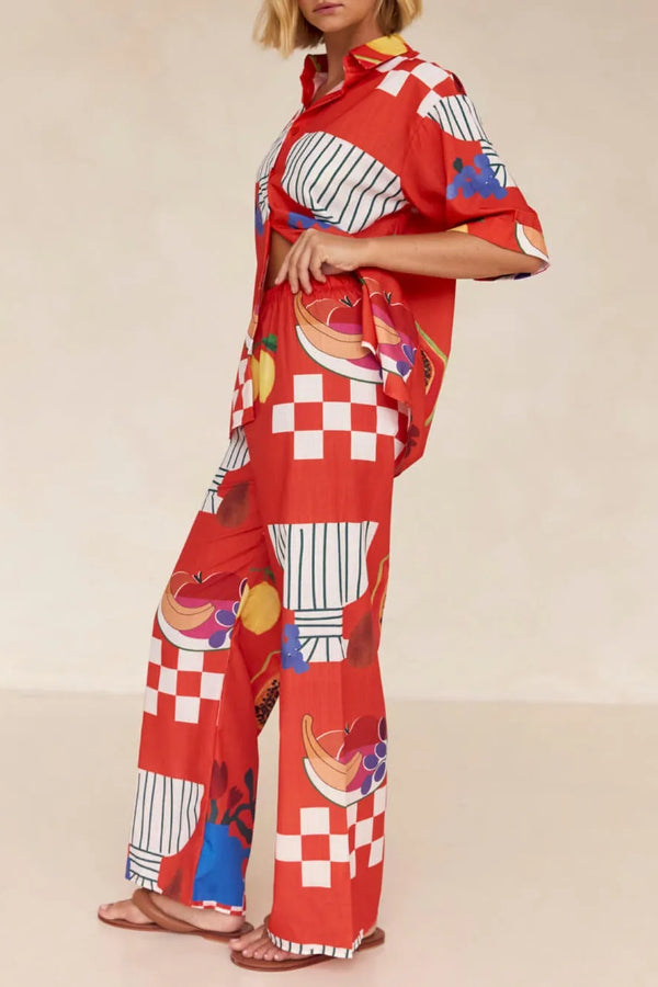 Unique Fruit Print Holiday Loose Shirt Wide Leg Pants Suit