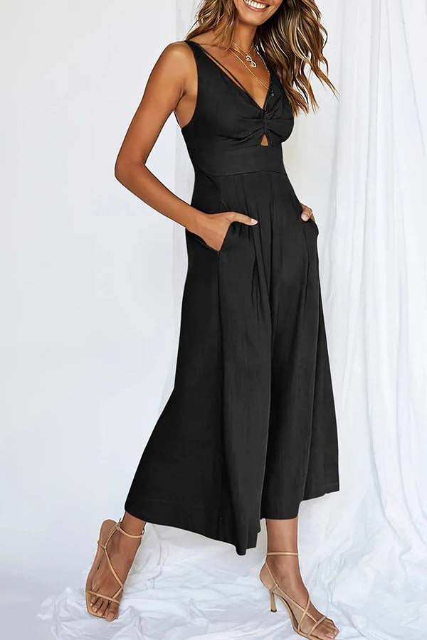 2023 SUMMER V NECK CUTOUT ADJUSTABLE STRAPS WIDE LEG JUMPSUITS