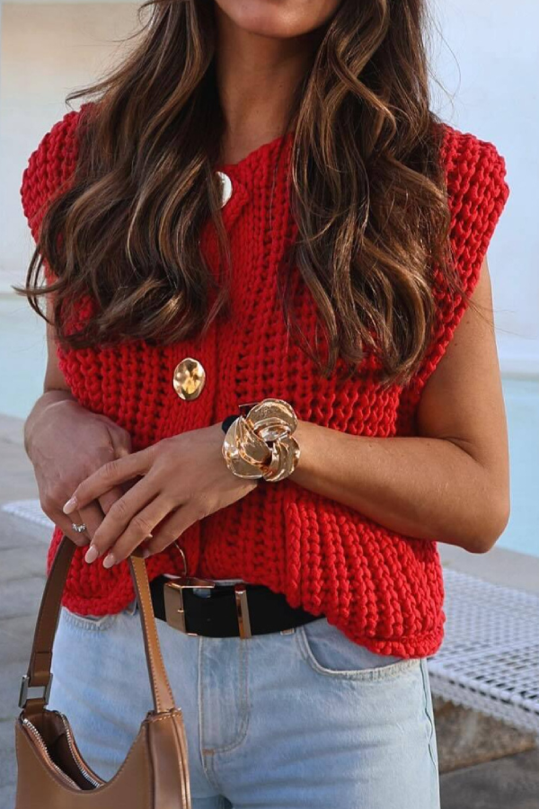 Pocket Sleeveless Cropped Knitted Cardigan Vest