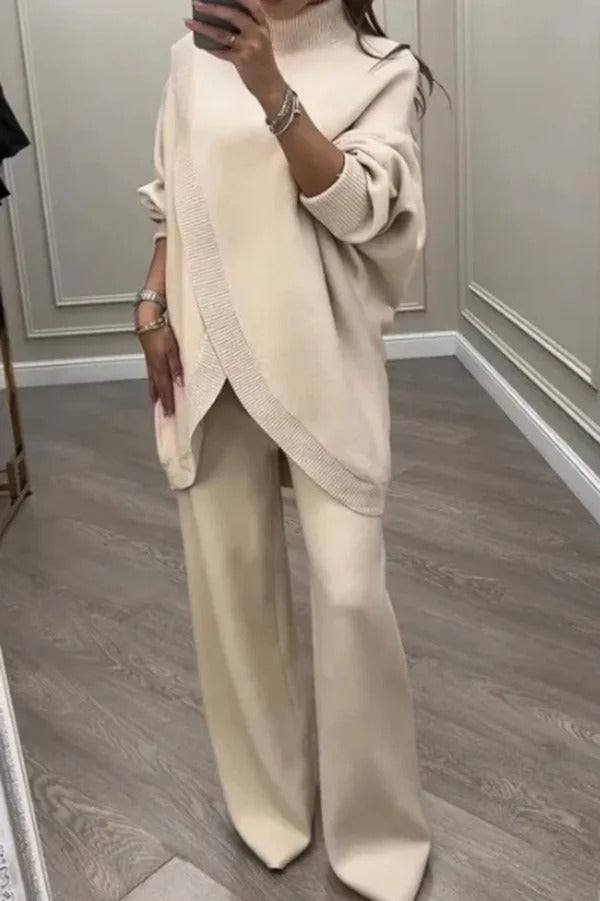 Solid Color Loose-fitting Turtleneck Knit Top and Elastic Waist Casual Pocket Straight Leg Pants