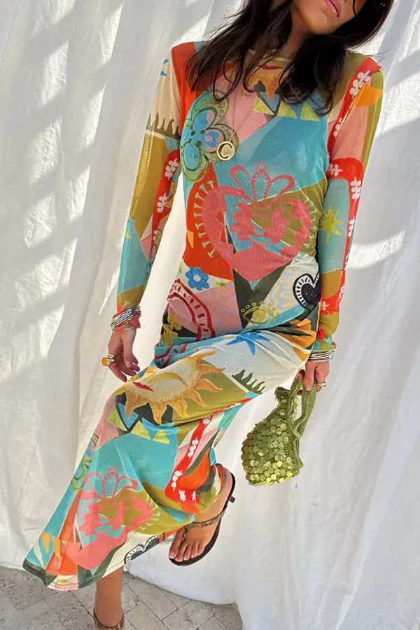 Sundazed Summer Mesh Colorful Unique Print Long Sleeve Stretch Maxi Dress