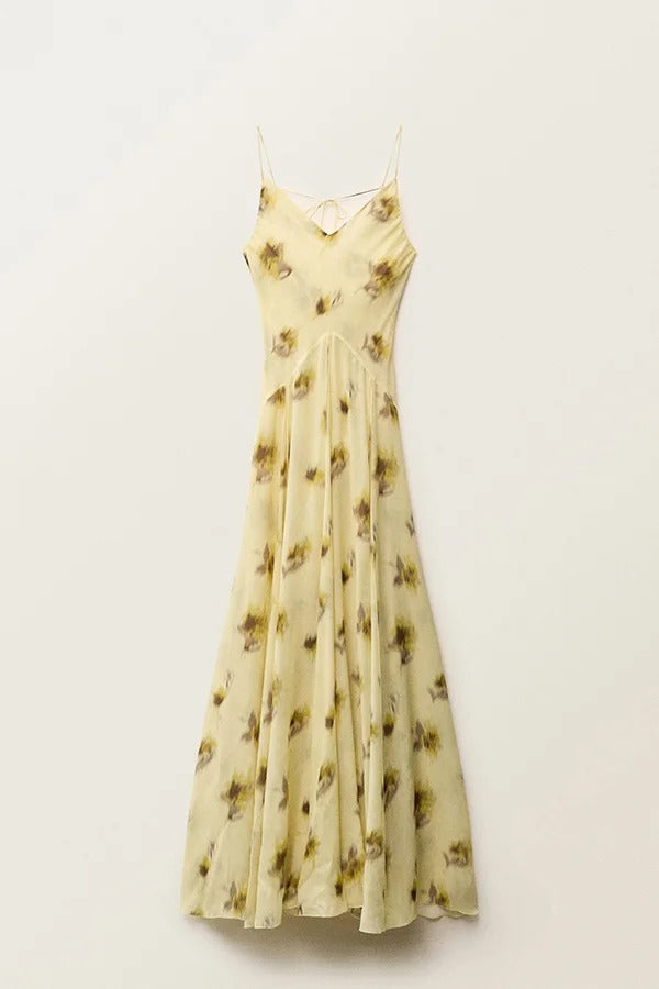 Sunset Glow Floral Print V-neck Thin Straps Flare Hem Maxi Dress