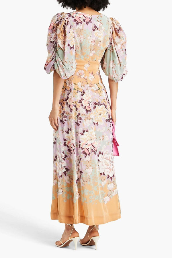 Best Garden Party Satin Colorful Floral Print Puff Sleeve Maxi Dress