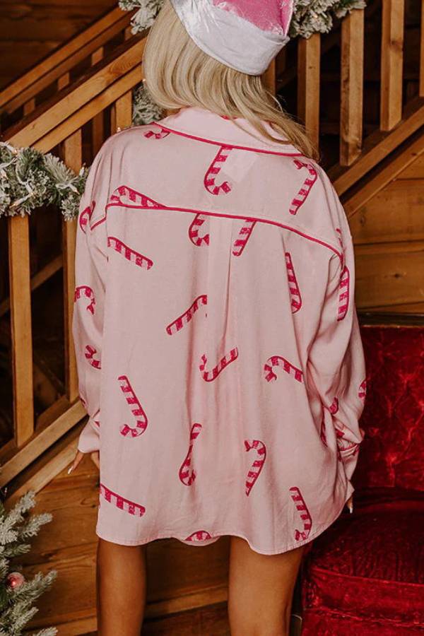 Candy Cane Kisses Pyjama-Shorts-Set aus Satin mit Druck und elastischer Taille und Tasche