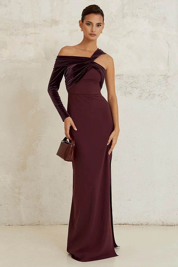 Velvet Patchwork Gowns Asymmetric Maxi Dresses-Burgundy