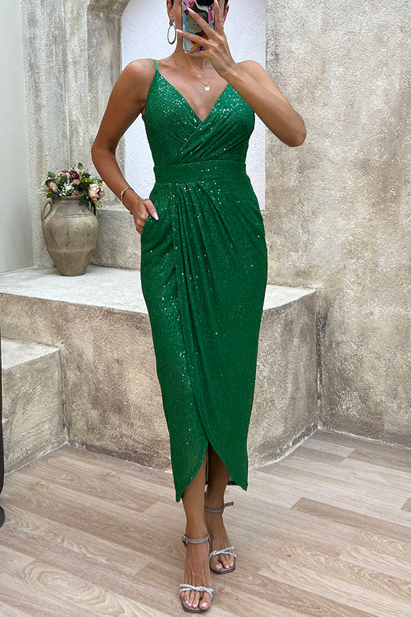 Seeker Sequin Pocketed Drape Slit Midi Dress