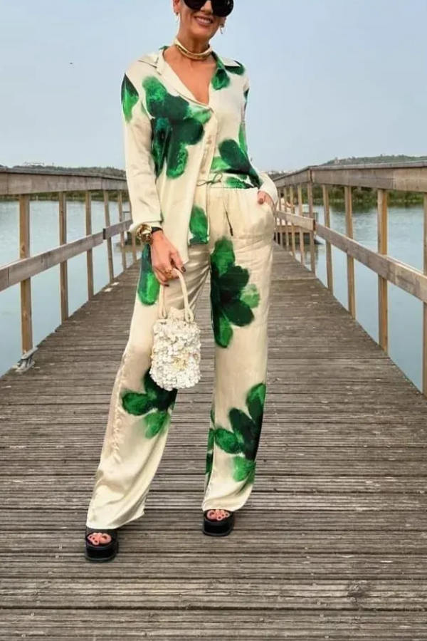 Green Floral Print Two Piece Set