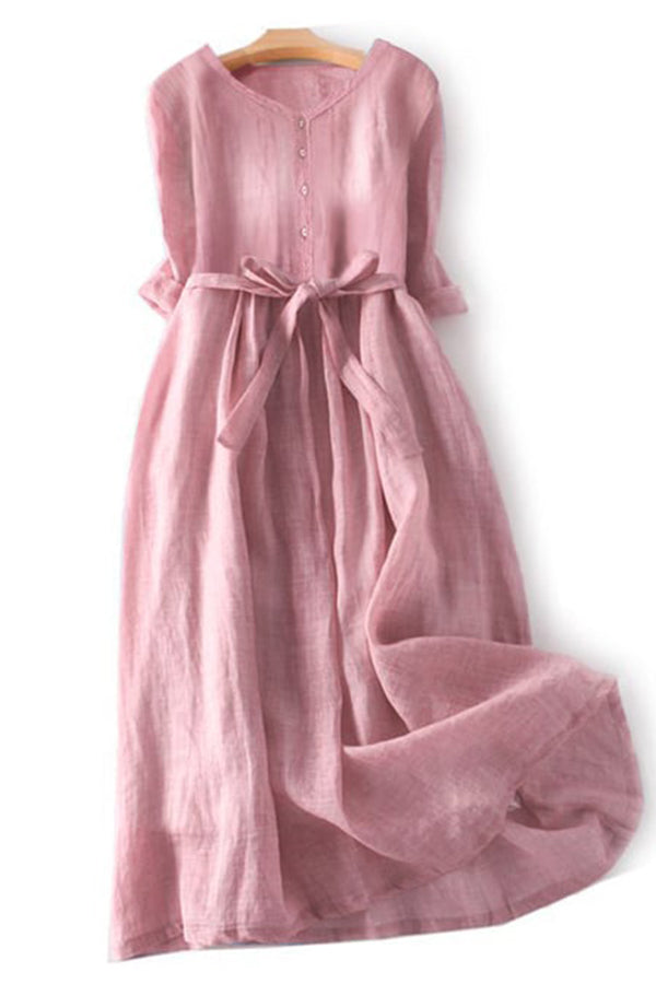 Literary And Elegant Cotton And Linen Tie Dress