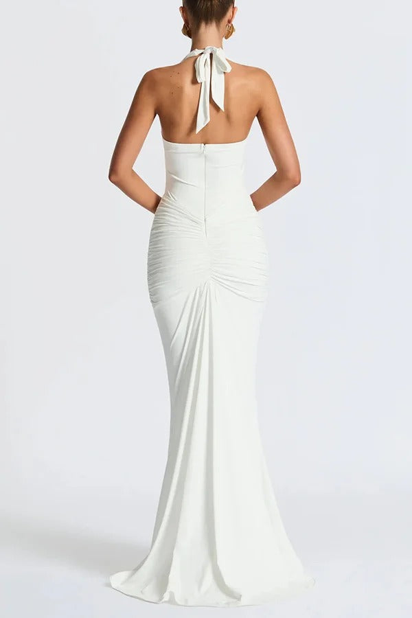Solid Color Elegant Halterneck V-neck Open Back Tie Gathered Maxi Dress