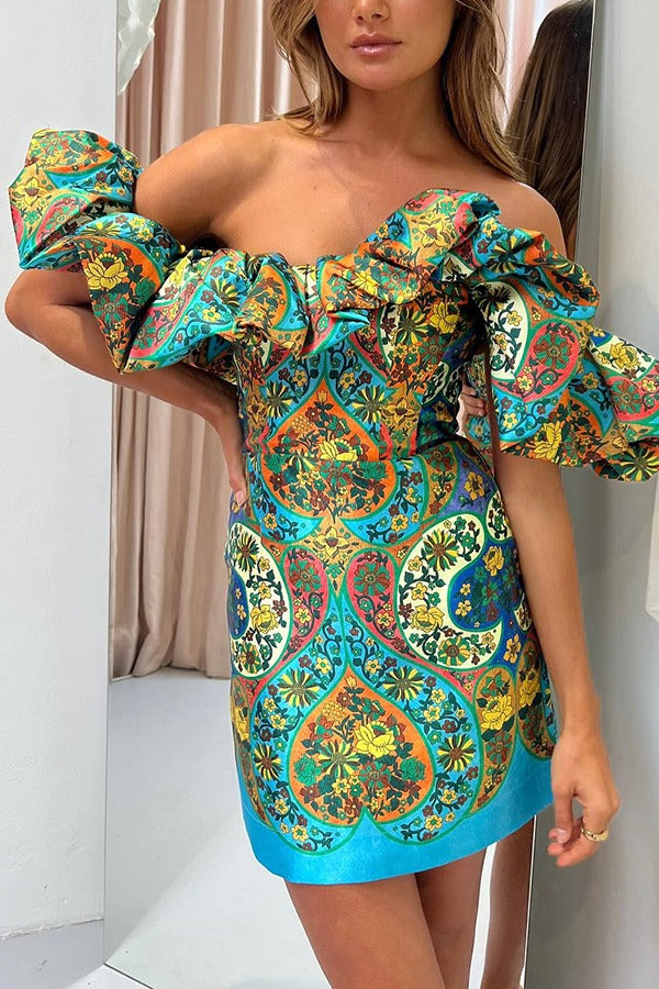 Sofie Satin Unique Paisley Print Cloud Shape Off Shoulder Mini Dress