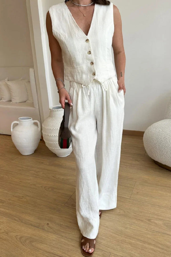 Casual Solid Color Cotton Linen Vest & Lace-Up Pants Two-Piece Set