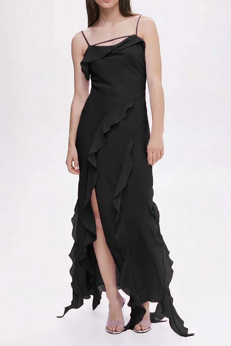 Cami Irregular Neck Ruffle Backless Tied Up Slit Tulle Formal Party Maxi Dress