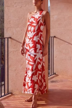 BOTANICAL FLORAL PRINT SLEEVELESS ONE SHOULDER MAXI DRESS