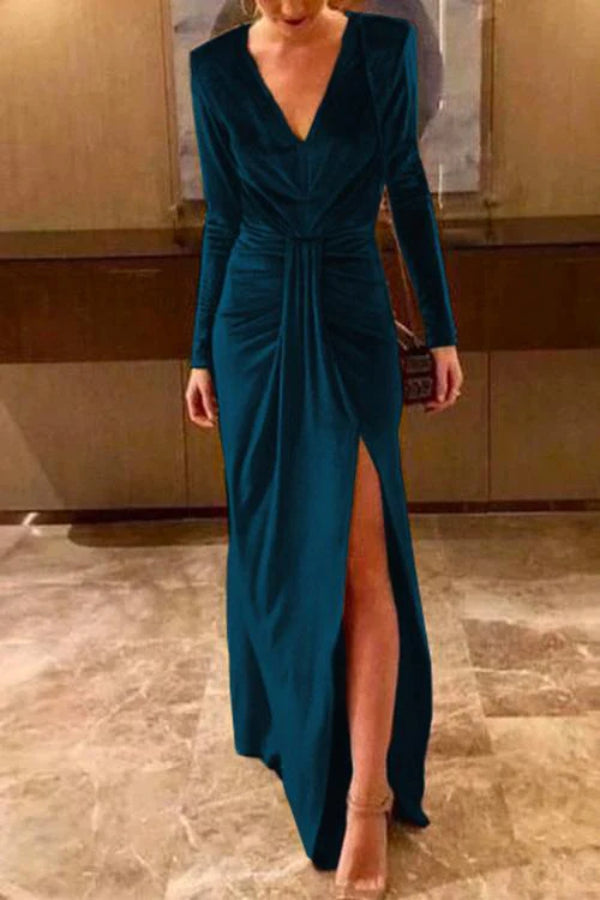 Deep V Neck Slit Ruched Velvet Party Dress