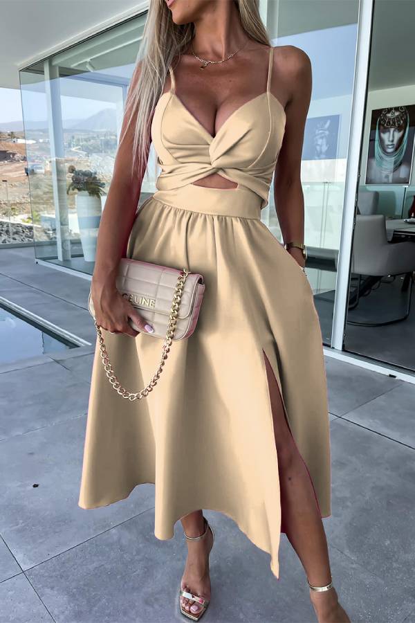 Deep V hollow large skirt slit suspender dress