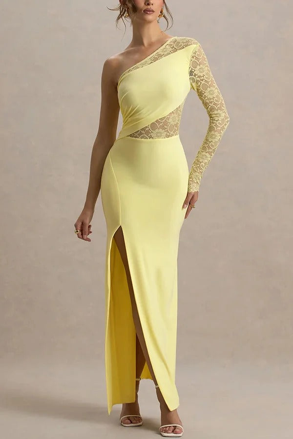 Modern Elegance Floral Lace Patchwork One Shoulder Slit Stretch Maxi Dress