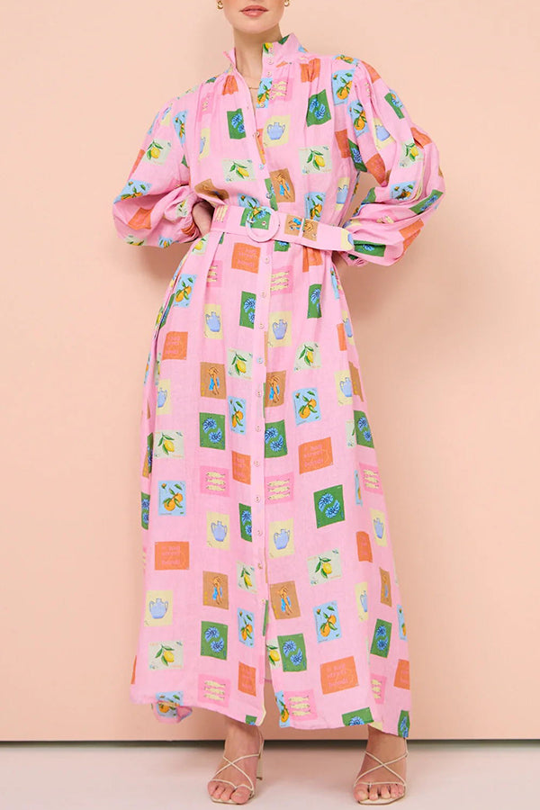 Vacation Essential Emblem Print Balloon Sleeve Belted Shirt Maxi Dress