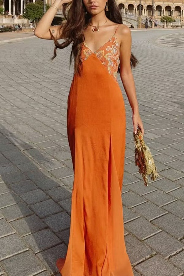 Midnight Chic Embroidered Sequine Beaded V-neck Slip Flare Maxi Dress