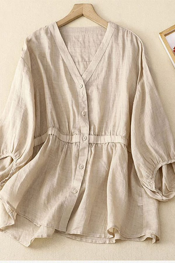 Cotton And Linen V-neck Waistband Lantern Sleeve Pullover Shirt