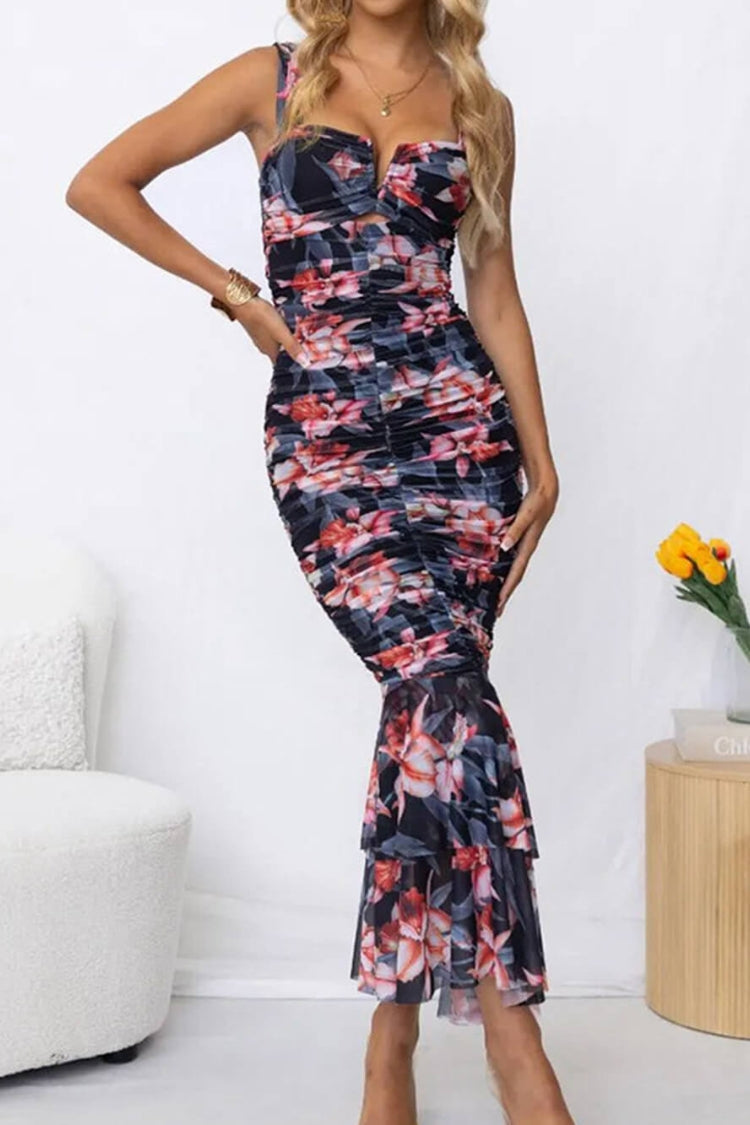 Styled To Perfection Floral Ruched Mesh Overlay Ruffle Hem Maxi Dress