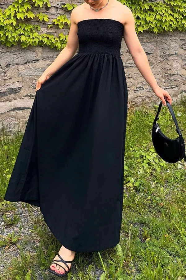 Retro Sleeveless Off-shoulder Elastic Pleated Maxi Dress