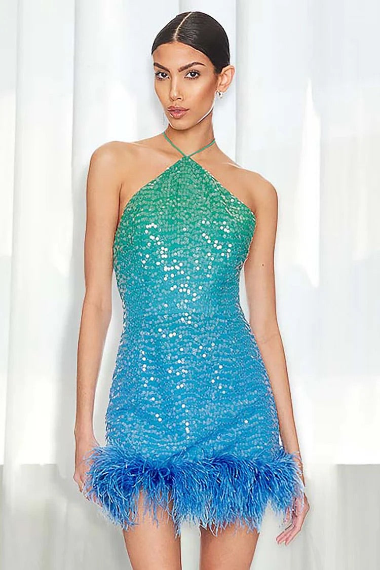 Fading Color Sequins Halter Backless Slim Fit Feather Trim Mini Dresses-Blue