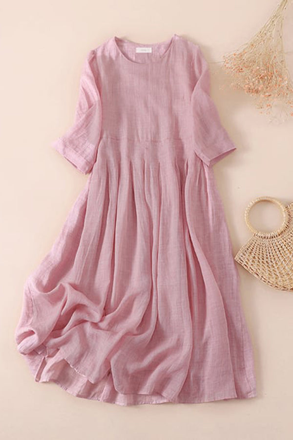 Ramie Solid Loose Pleated Dress