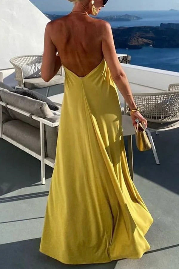 Solid Color Resort Style Halter Neck Open Back Large Hem Maxi Dress