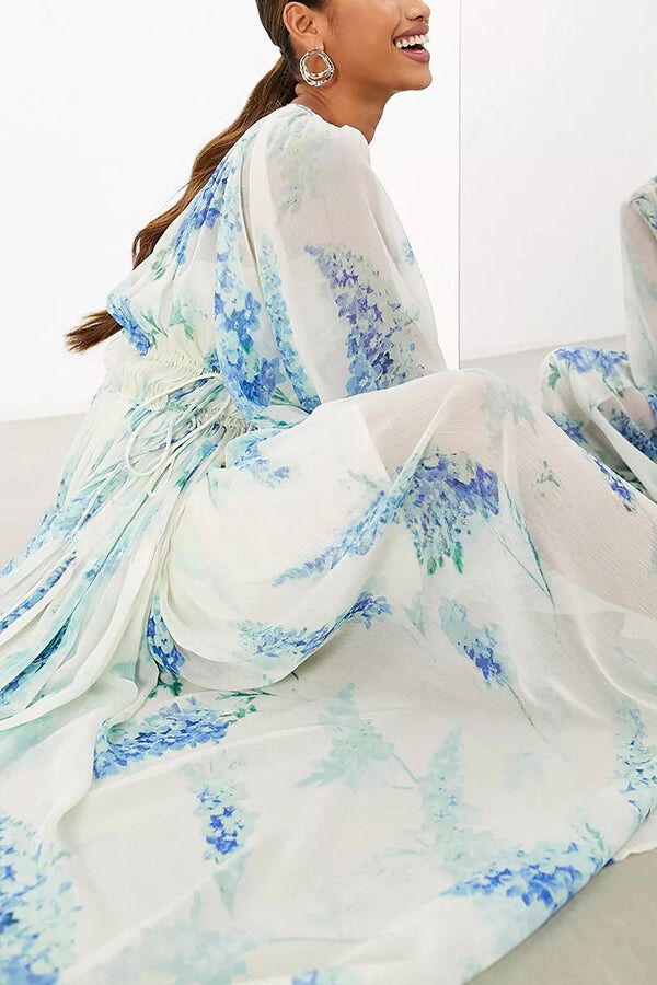 HEADED TO THE OCEAN CHIFFON FLORAL DRAWSTRING WAIST MAXI DRESSES