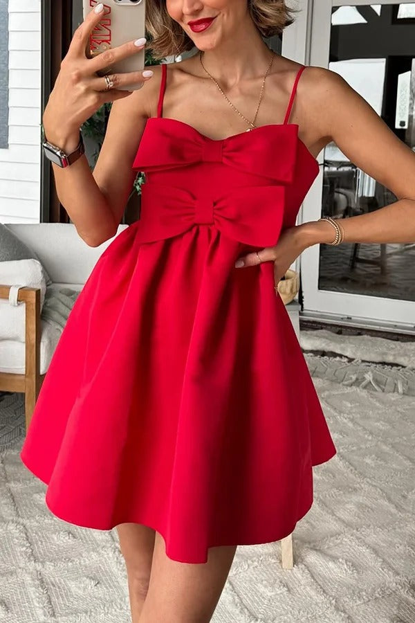 Date Night Bow Design Pocketed Back Smocked Slip Babydoll Mini Dress