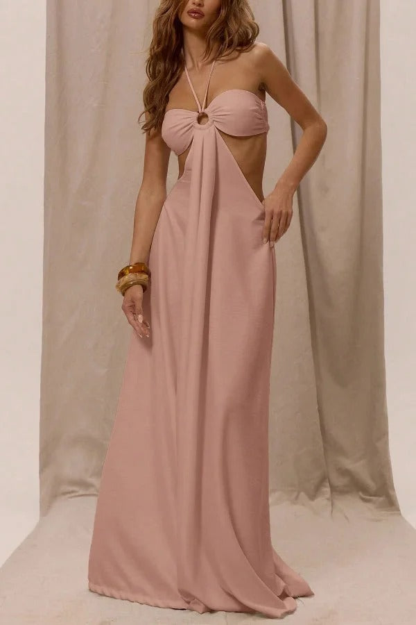 Solid Color Halter Neck Cutout Casual Loose Wide-leg Jumpsuit