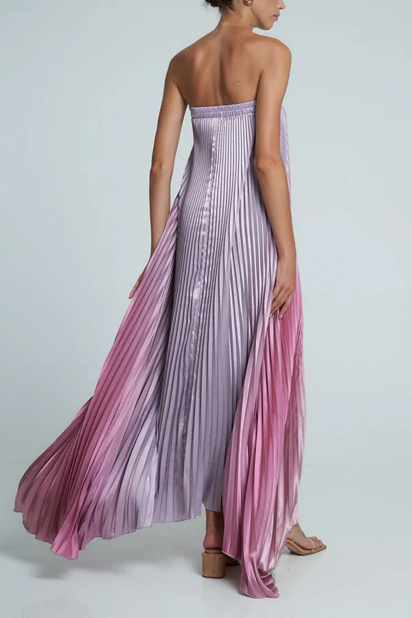 Gorgeous Styling Satin Pleated Elastic Bust Strapless A-line Gown Maxi Dress