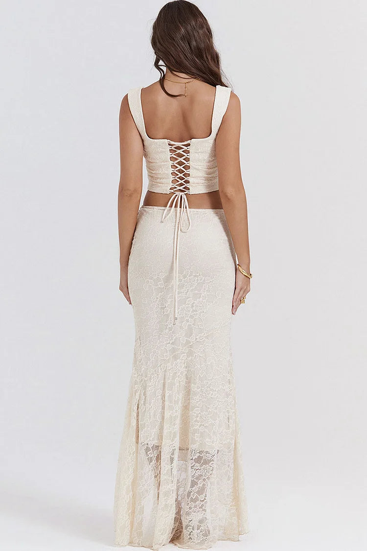 Ruched Crop Tank Top Lace Fishtail Hem Maxi Skirt Matching Set