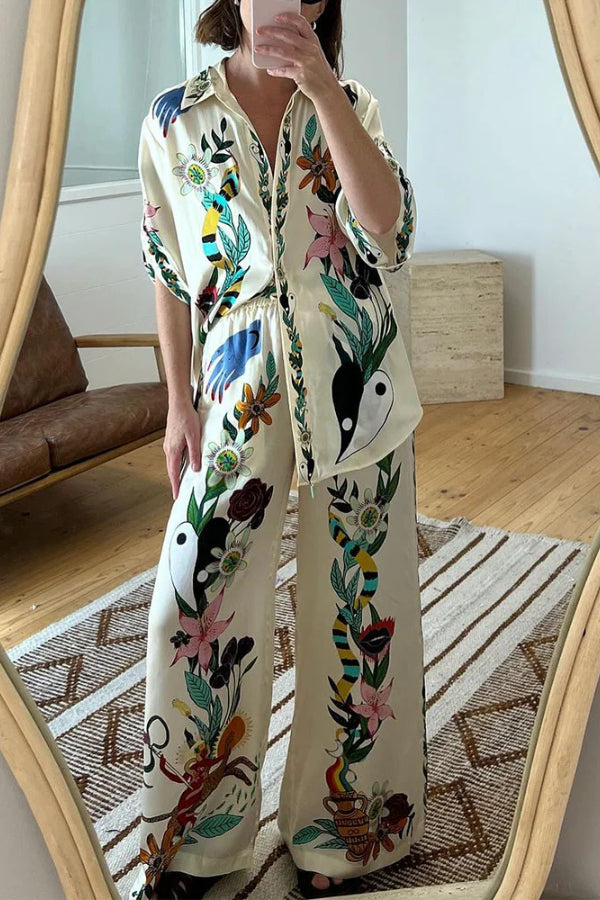 Flower jungle print casual two-piece set