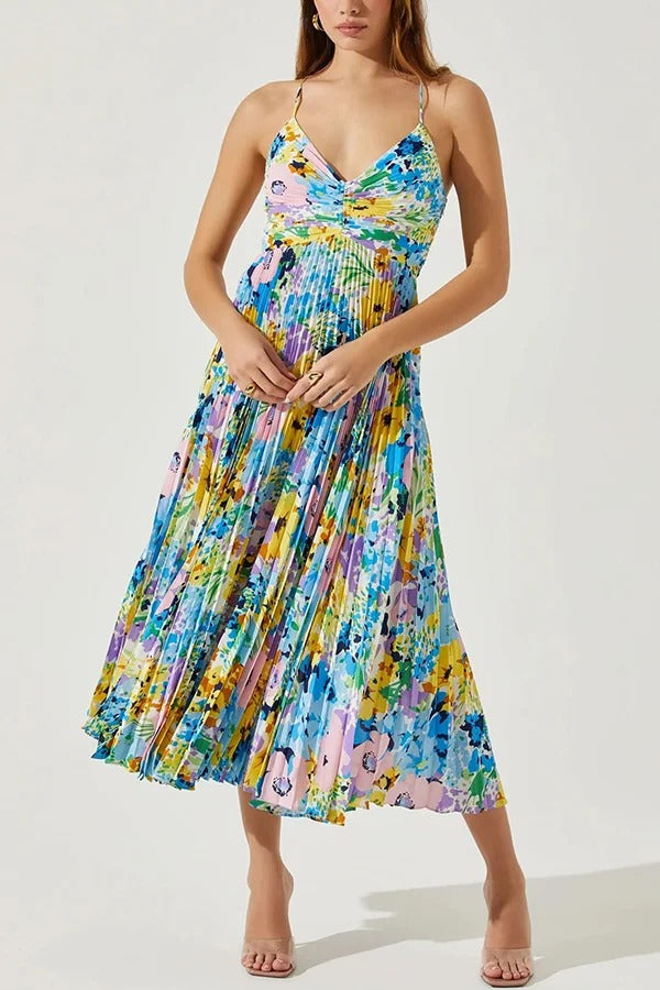 Wedding Party Season Floral Print Pleated Back Tie-up Midi Dress