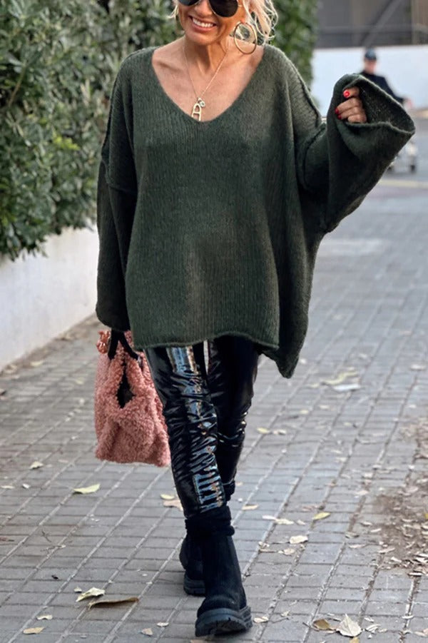 Fashionable Patchwork V-neck Long-sleeved Knitted Sweater