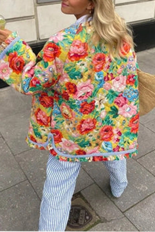 Vintage Flower Print Button Up Lightweight Oversized Cotton Jacket