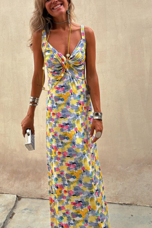 Flora Watercolor Print Crossover Neck Wide Straps Stretch Maxi Dress