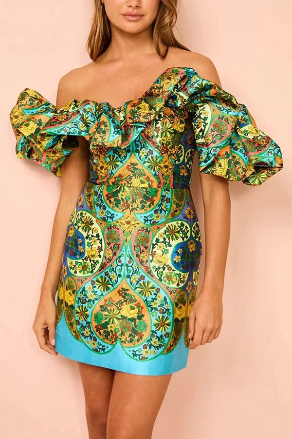 Sofie Satin Unique Paisley Print Cloud Shape Off Shoulder Mini Dress