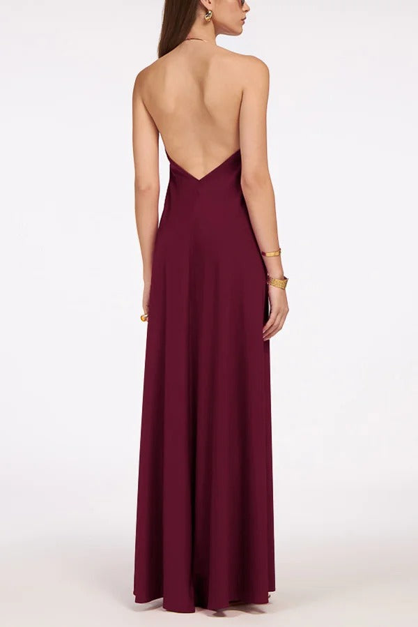 Solid Color Resort Style Halter Neck Open Back Large Hem Maxi Dress